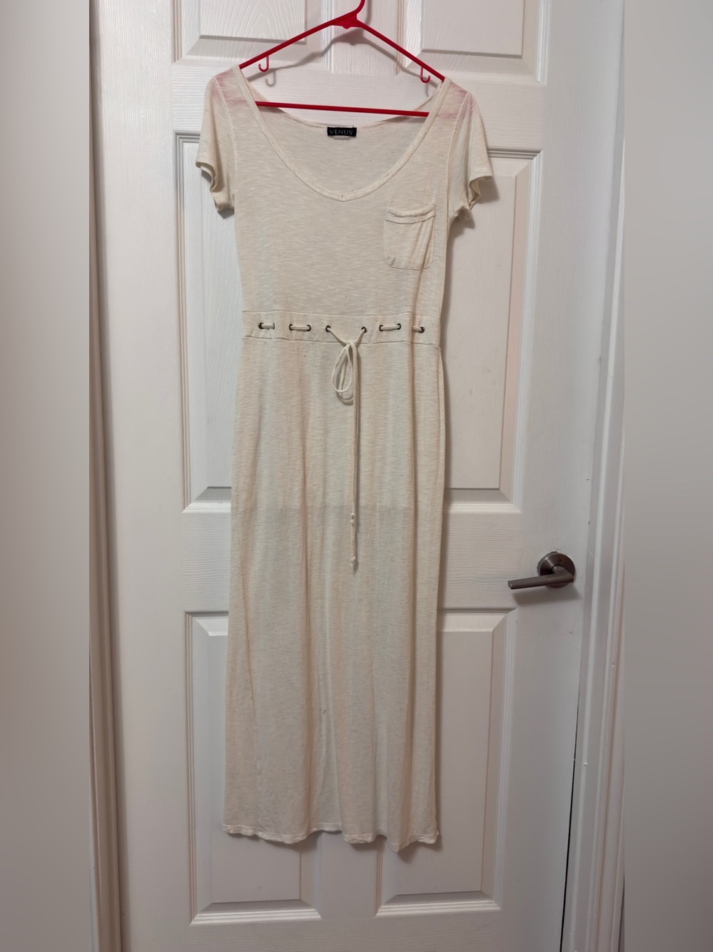VENUS Cream Short-Sleeve Maxi Dress with Drawstring Waist